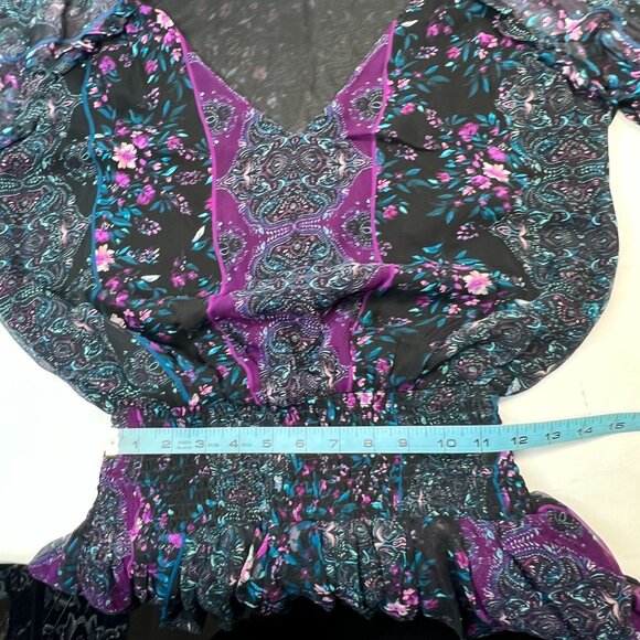 Ramy Brook Silk Ruffle Mini Dress Black Purple Paisley Floral Cocktail Boho Med - Picture 6 of 12